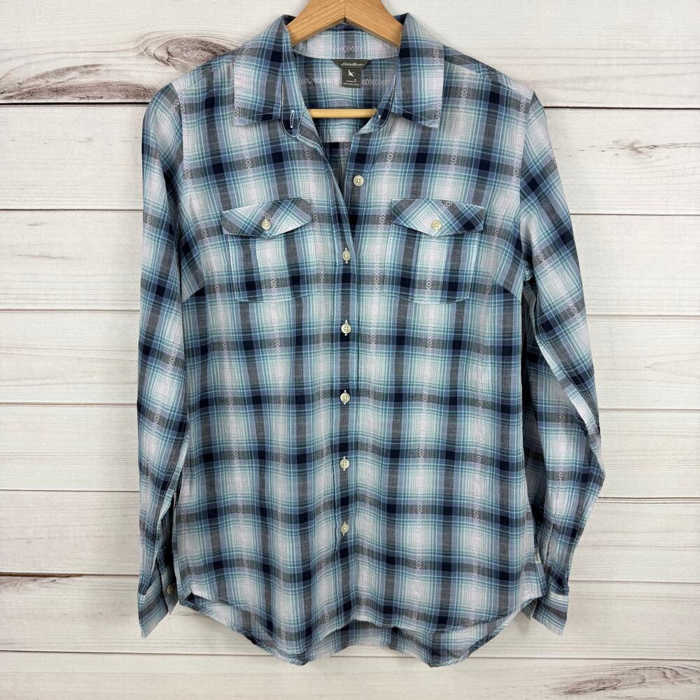 Eddie Bauer‎ Womens Button Down Long Sleeve Lightweight Blue Plaid Size Small